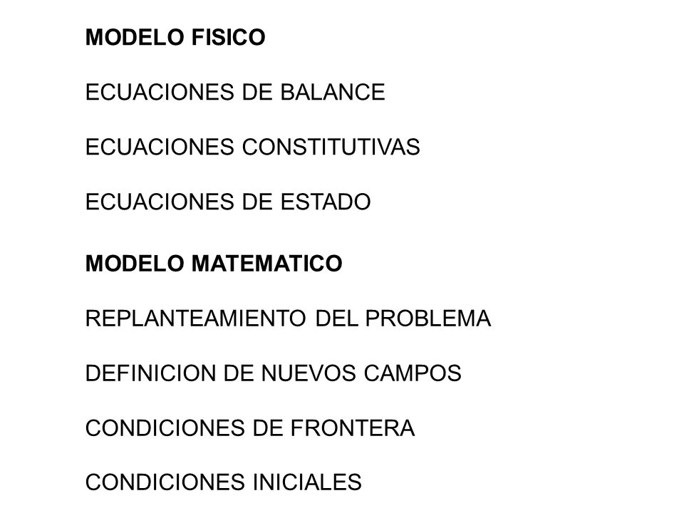 MODELO FISICO ECUACIONES DE BALANCE. ECUACIONES CONSTITUTIVAS. ECUACIONES DE ESTADO. MODELO MATEMATICO.