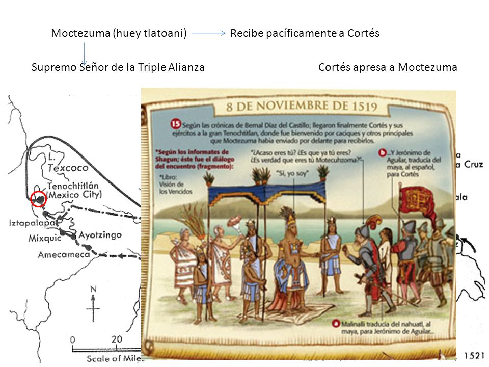 Moctezuma (huey tlatoani) Recibe pacíficamente a Cortés