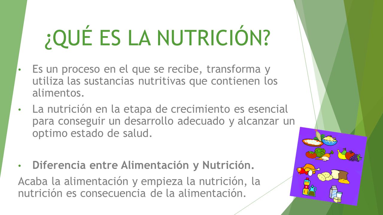 ¿QUÉ ES LA NUTRICIÓN Es un proceso en el que se recibe, transforma y utiliza las sustancias nutritivas que contienen los alimentos.