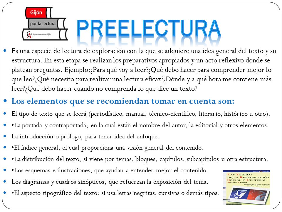 PREELECTURA Los elementos que se recomiendan tomar en cuenta son: