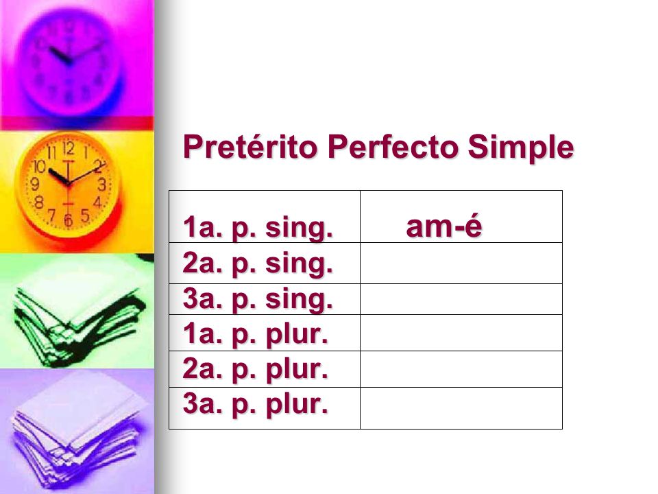 Pretérito Perfecto Simple 1a. p. sing. am-é 2a. p. sing. 3a. p. sing