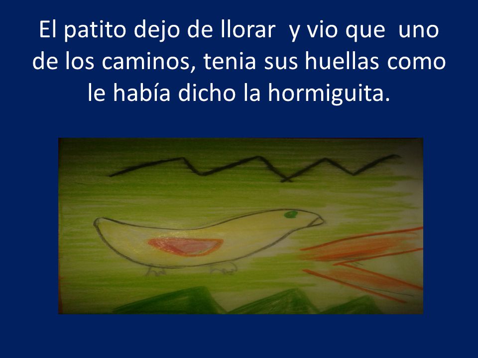 El patito dejo de llorar y vio que uno de los caminos, tenia sus huellas como le había dicho la hormiguita.