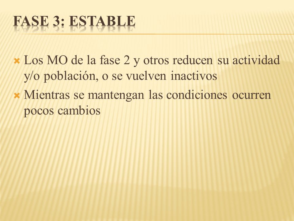 FASE 3: ESTABLE Los MO de la fase 2 y otros reducen su actividad y/o población, o se vuelven inactivos.