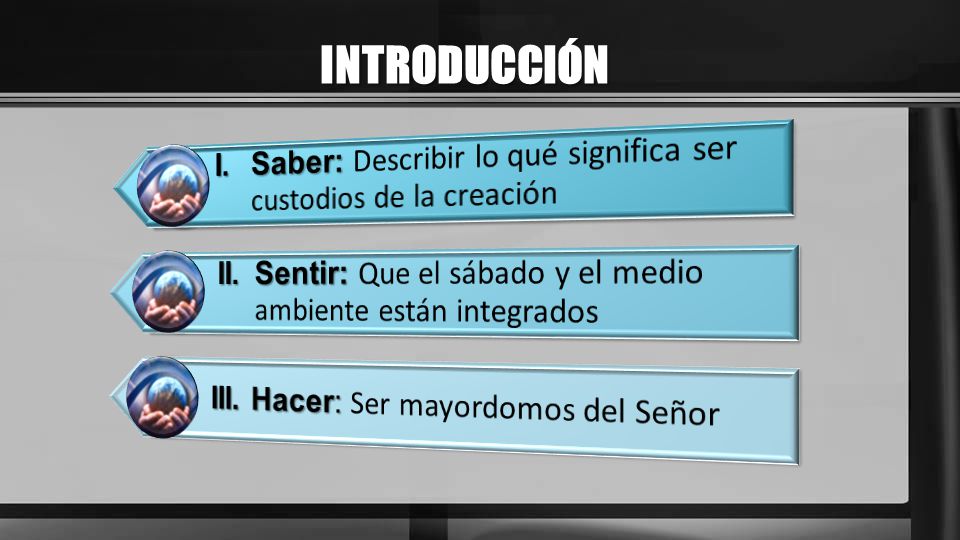 INTRODUCCIÓN I. Saber: Describir lo qué significa ser custodios de la creación. II. Sentir: Que el sábado y el medio ambiente están integrados.