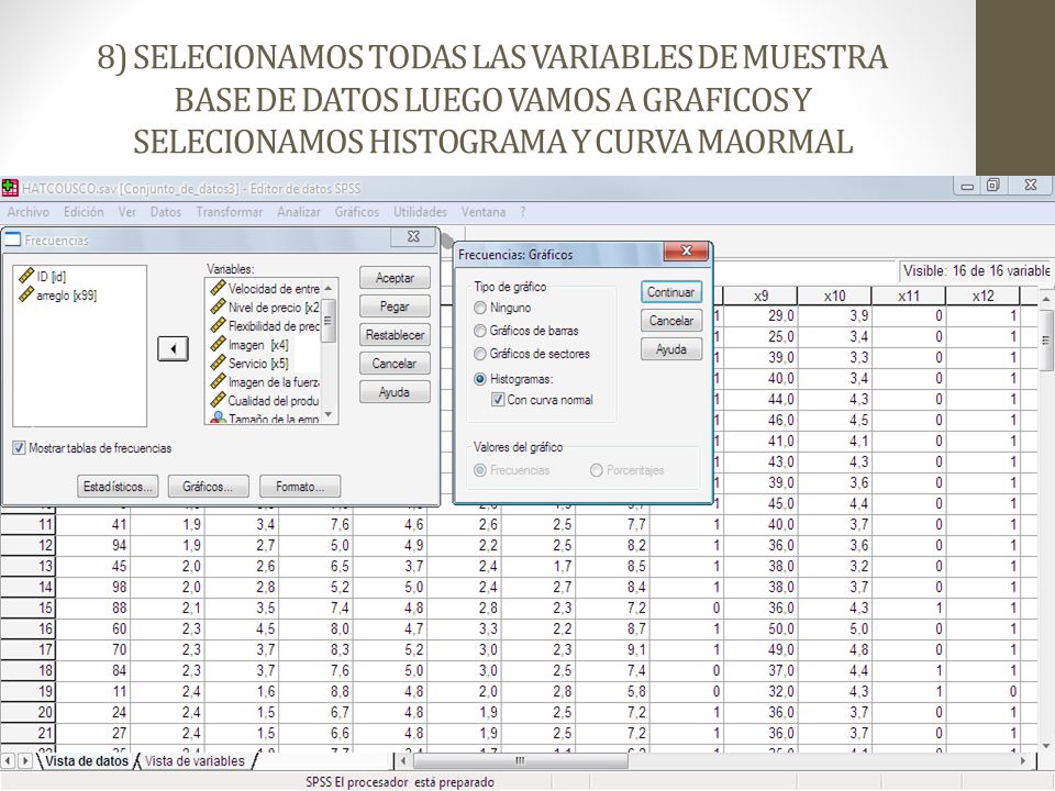 8) SELECIONAMOS TODAS LAS VARIABLES DE MUESTRA BASE DE DATOS LUEGO VAMOS A GRAFICOS Y SELECIONAMOS HISTOGRAMA Y CURVA MAORMAL