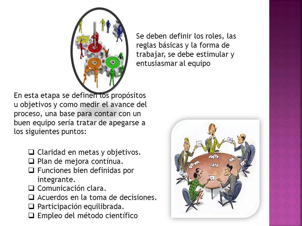 Se deben definir los roles, las reglas básicas y la forma de trabajar, se debe estimular y