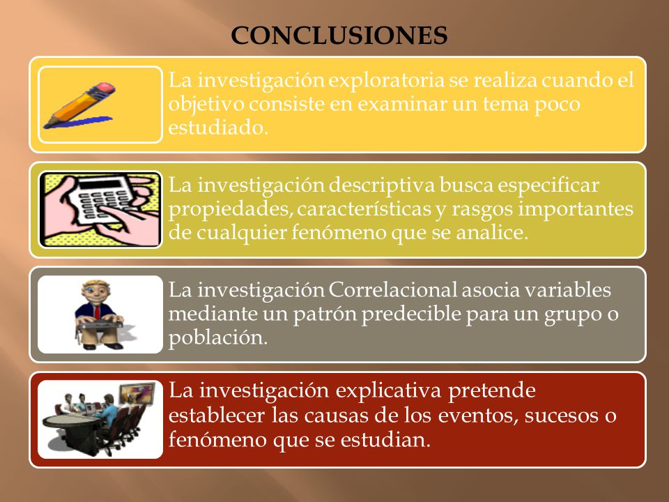 CONCLUSIONES La investigación exploratoria se realiza cuando el objetivo consiste en examinar un tema poco estudiado.