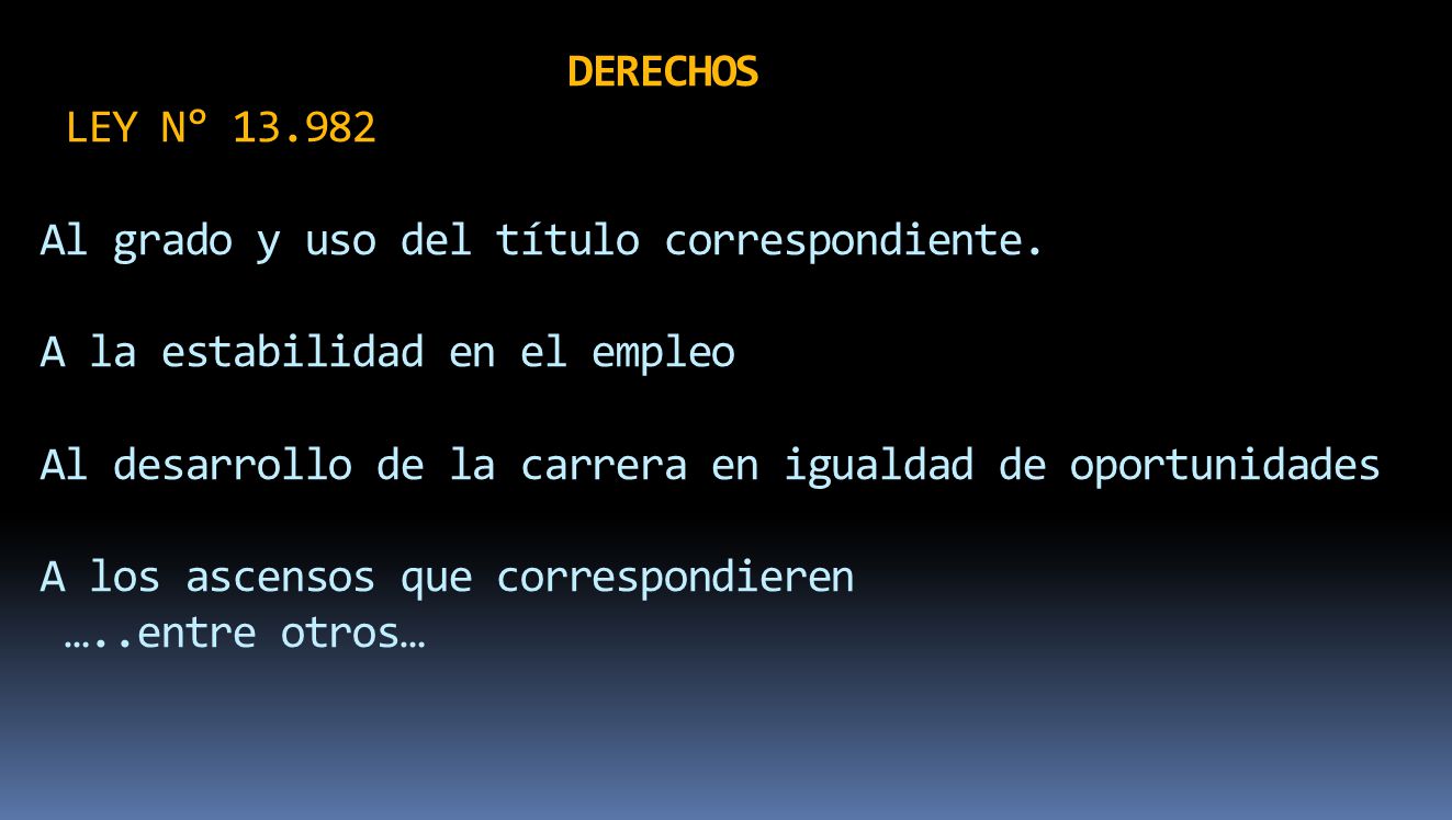 DERECHOS LEY N° Al grado y uso del título correspondiente