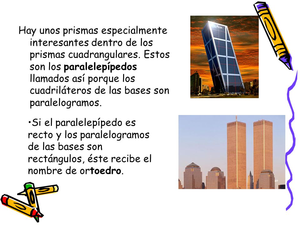 Hay unos prismas especialmente interesantes dentro de los prismas cuadrangulares. Estos son los paralelepípedos llamados así porque los cuadriláteros de las bases son paralelogramos.