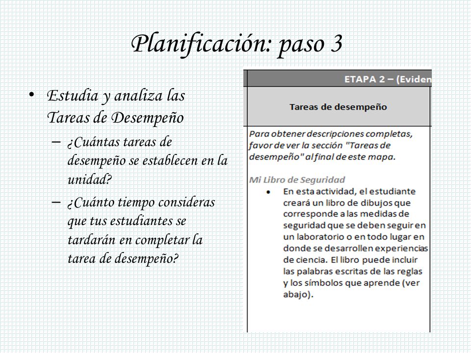 Planificación: paso 3 Estudia y analiza las Tareas de Desempeño