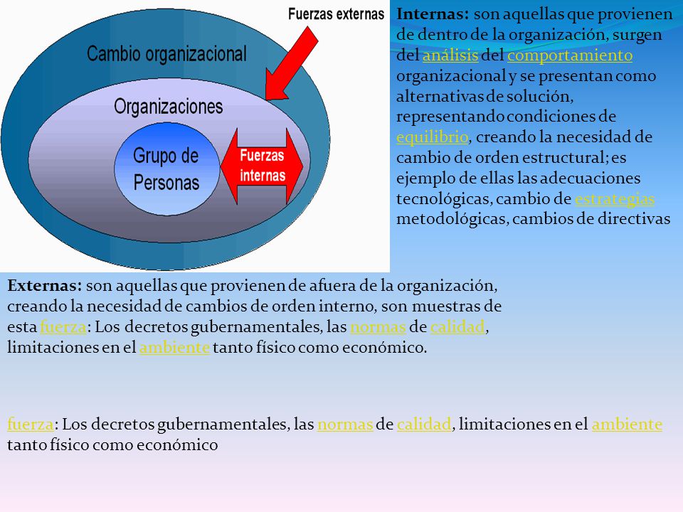 Internas: son aquellas que provienen de dentro de la organización, surgen del análisis del comportamiento organizacional y se presentan como alternativas de solución, representando condiciones de equilibrio, creando la necesidad de cambio de orden estructural; es ejemplo de ellas las adecuaciones tecnológicas, cambio de estrategias metodológicas, cambios de directivas