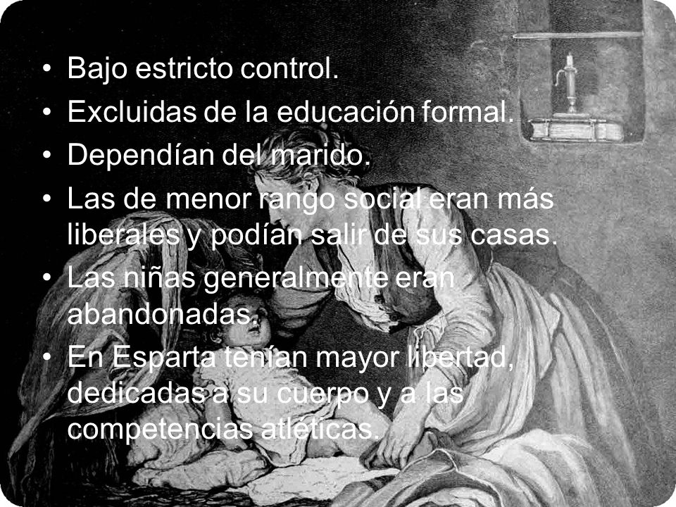 Bajo estricto control. Excluidas de la educación formal. Dependían del marido.
