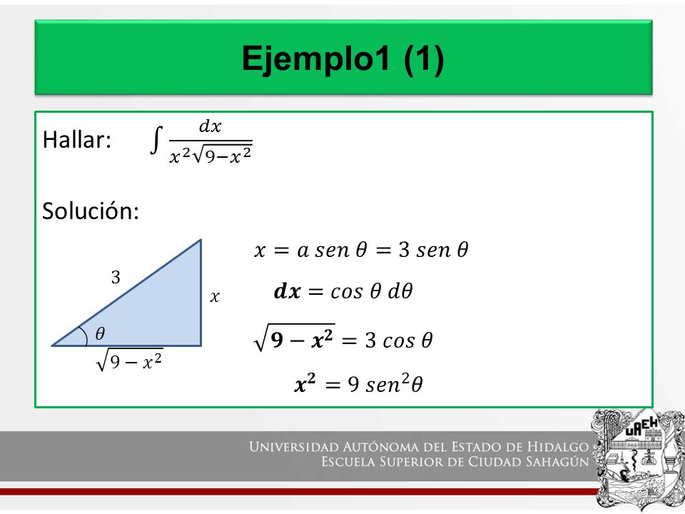 Ejemplo1 (1) Hallar: 𝑑𝑥 𝑥 2 9− 𝑥 2 Solución: 𝑥=𝑎 𝑠𝑒𝑛 𝜃=3 𝑠𝑒𝑛 𝜃