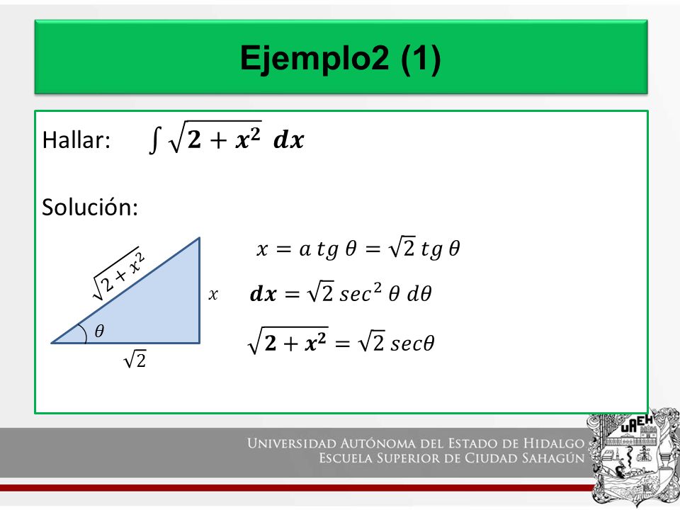 Ejemplo2 (1) Hallar: 𝟐+ 𝒙 𝟐 𝒅𝒙 Solución: 𝑥=𝑎 𝑡𝑔 𝜃= 2 𝑡𝑔 𝜃