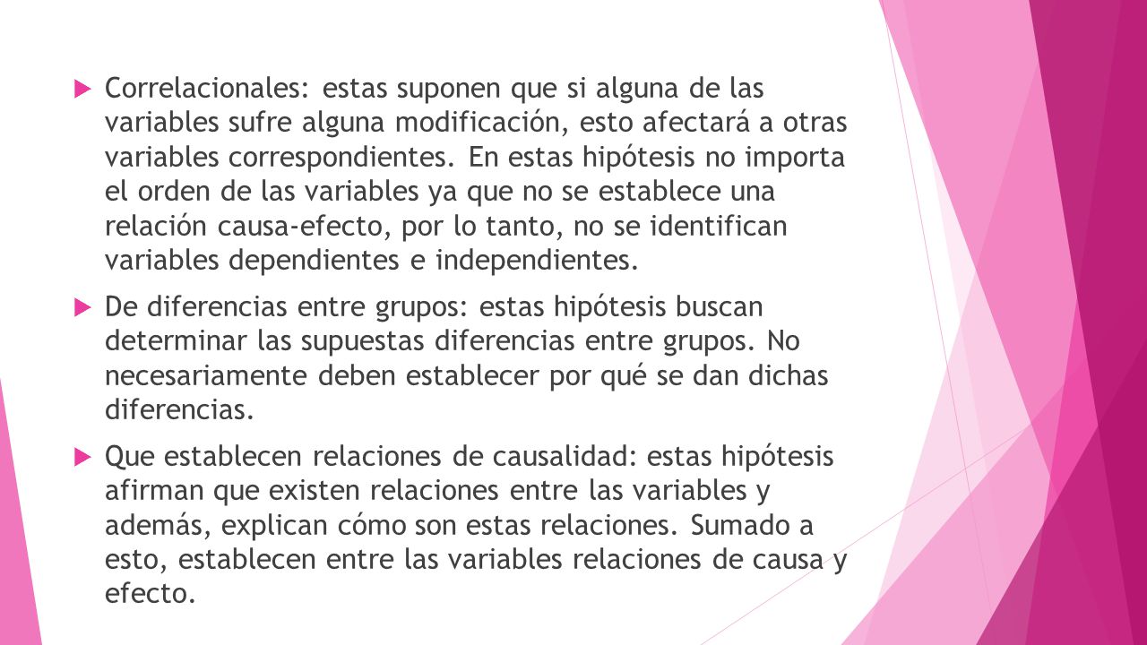 Correlacionales: estas suponen que si alguna de las variables sufre alguna modificación, esto afectará a otras variables correspondientes. En estas hipótesis no importa el orden de las variables ya que no se establece una relación causa-efecto, por lo tanto, no se identifican variables dependientes e independientes.