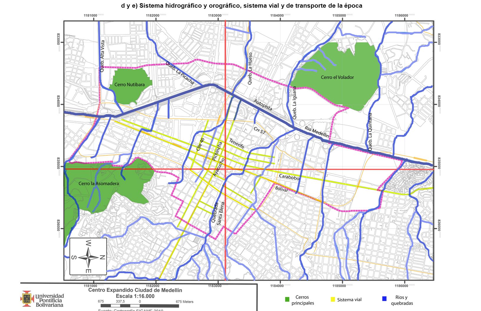 d y e) Sistema hidrográfico y orográfico, sistema vial y de transporte de la época