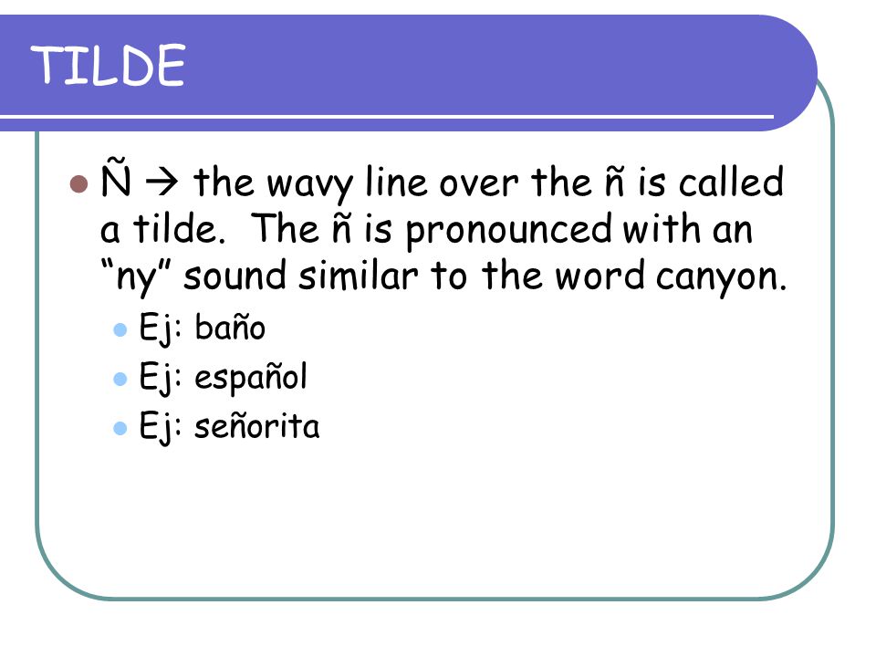 TILDE Ñ  the wavy line over the ñ is called a tilde. The ñ is pronounced with an ny sound similar to the word canyon.