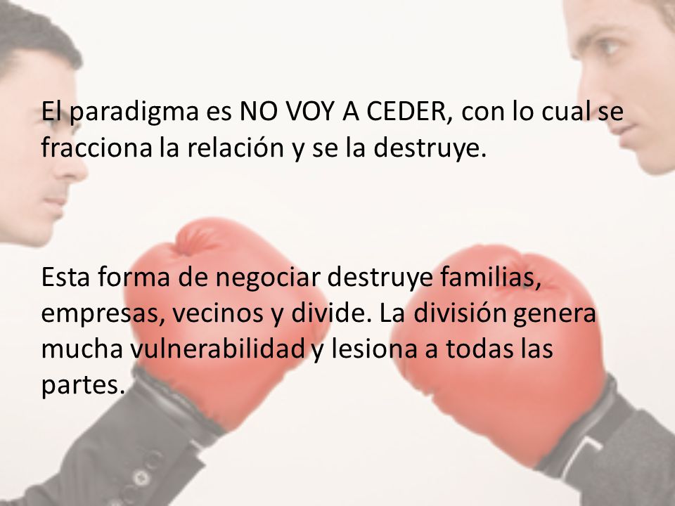 El paradigma es NO VOY A CEDER, con lo cual se fracciona la relación y se la destruye.