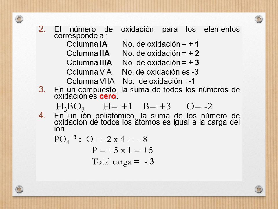 El número de oxidación para los elementos corresponde a :