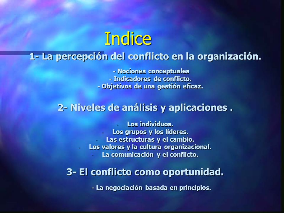Indice 1- La percepción del conflicto en la organización.