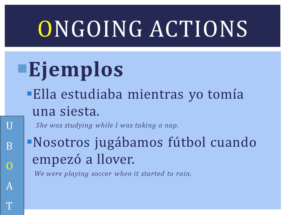 Ongoing actions Ejemplos Ella estudiaba mientras yo tomía una siesta.