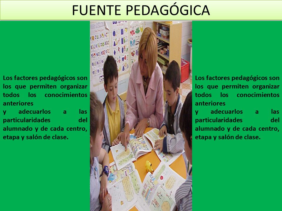 FUENTE PEDAGÓGICA Los factores pedagógicos son los que permiten organizar todos los conocimientos anteriores.
