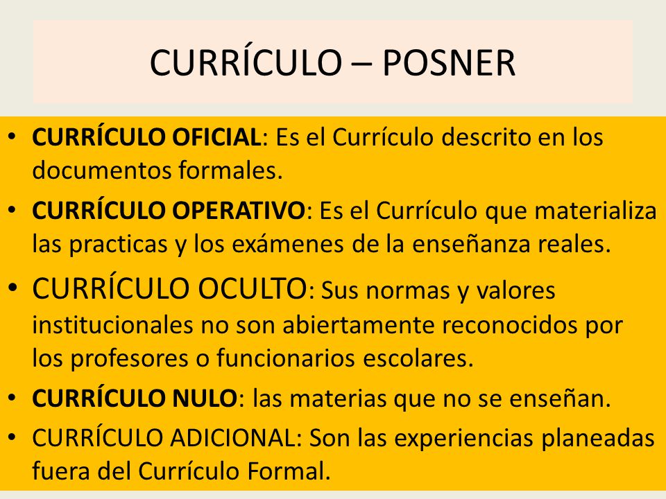 CURRÍCULO – POSNER CURRÍCULO OFICIAL: Es el Currículo descrito en los documentos formales.