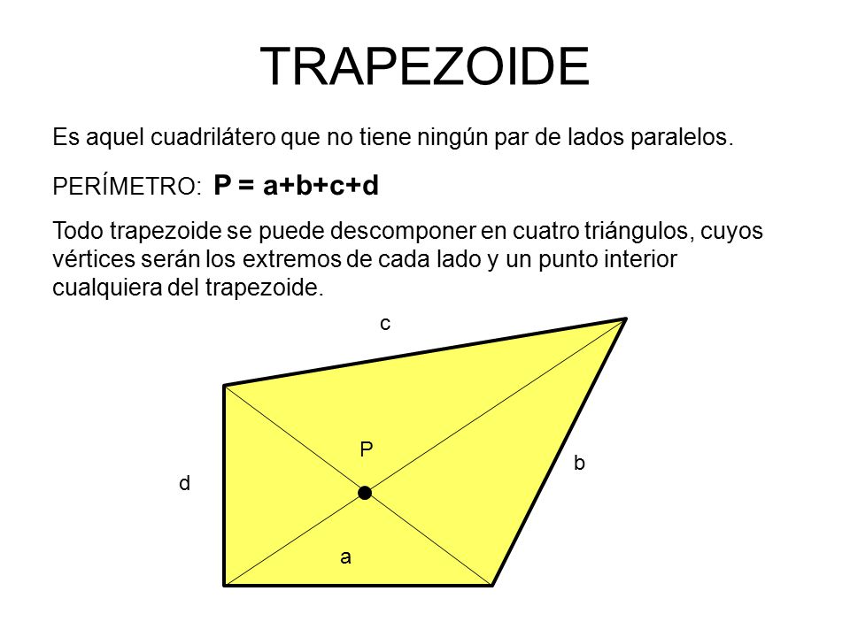 TRAPEZOIDE Es aquel cuadrilátero que no tiene ningún par de lados paralelos. PERÍMETRO: P = a+b+c+d.