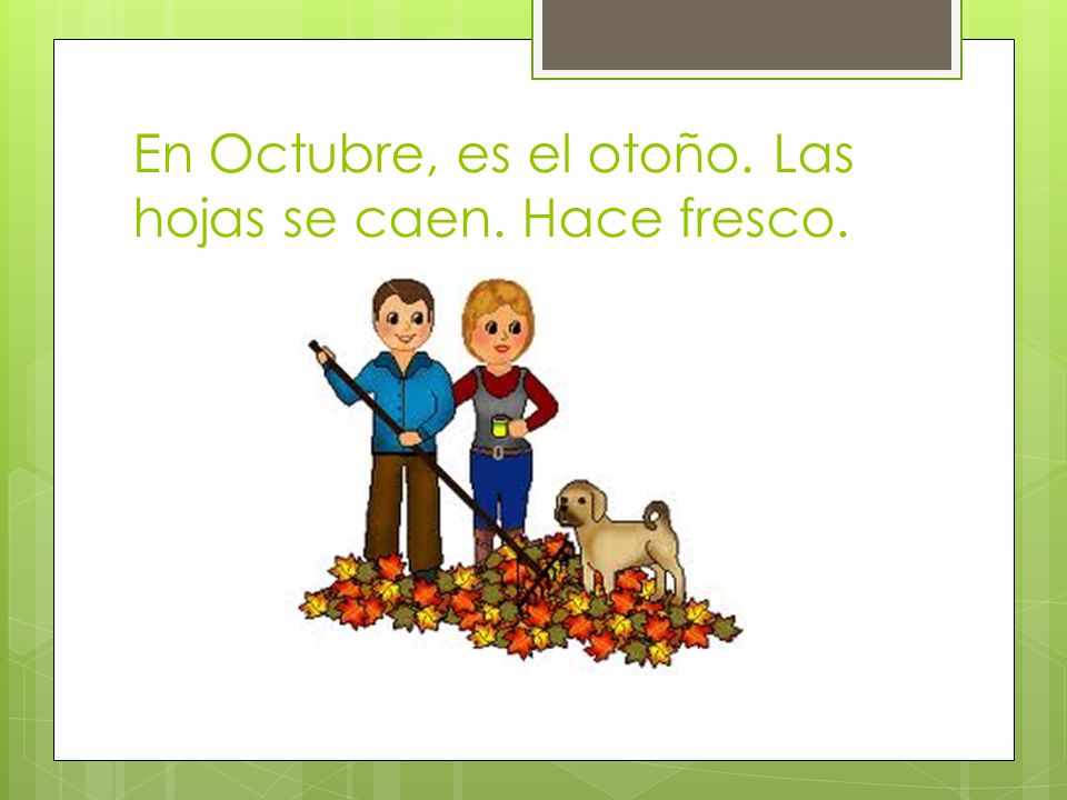 En Octubre, es el otoño. Las hojas se caen. Hace fresco.