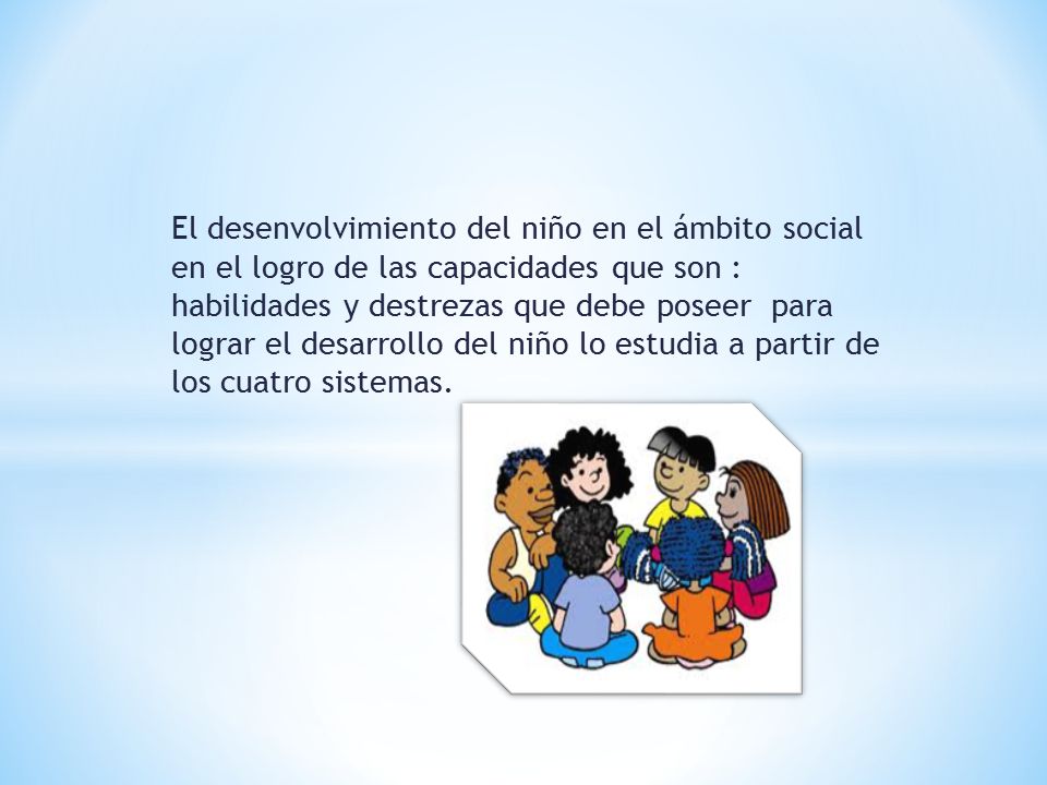 El desenvolvimiento del niño en el ámbito social en el logro de las capacidades que son : habilidades y destrezas que debe poseer para lograr el desarrollo del niño lo estudia a partir de los cuatro sistemas.