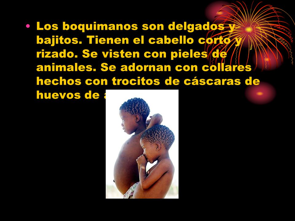 Los boquimanos son delgados y bajitos. Tienen el cabello corto y rizado.