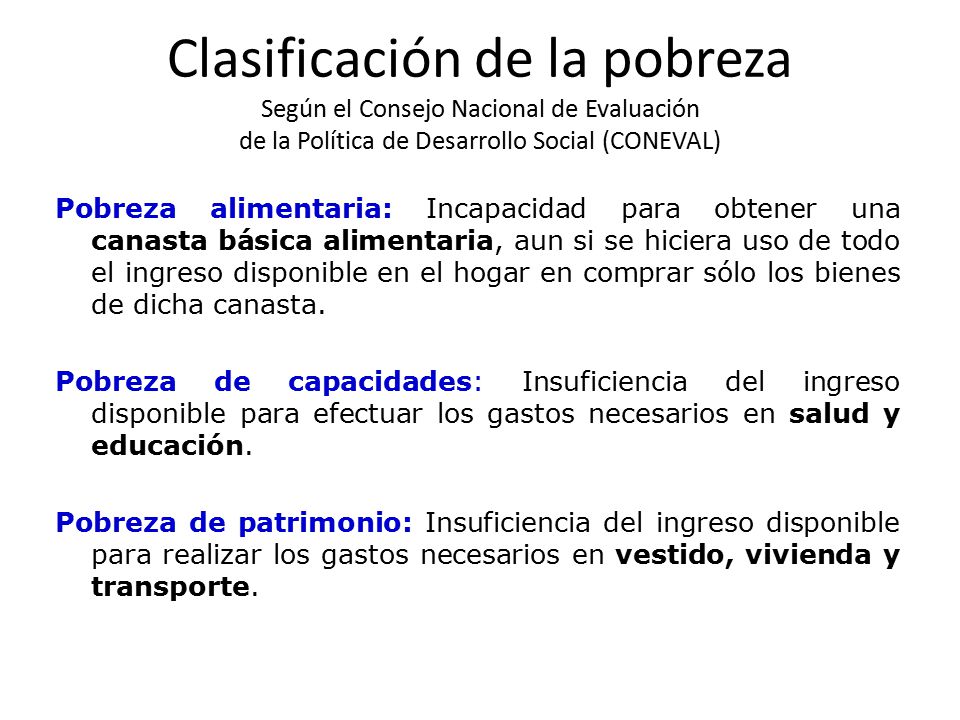 Clasificación de la pobreza Según el Consejo Nacional de Evaluación de la Política de Desarrollo Social (CONEVAL)