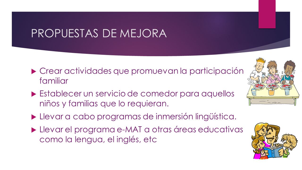 PROPUESTAS DE MEJORA Crear actividades que promuevan la participación familiar.