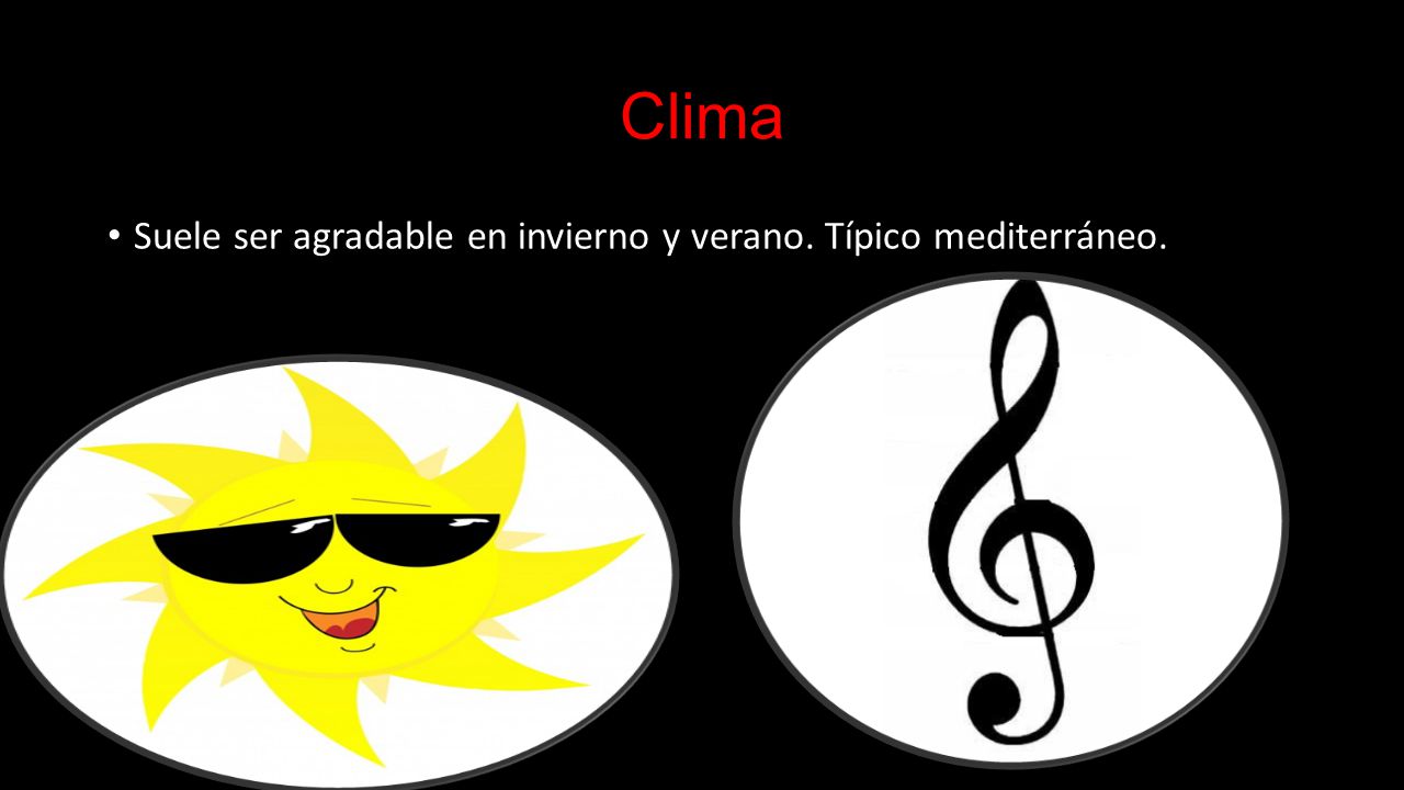 Clima Suele ser agradable en invierno y verano. Típico mediterráneo.