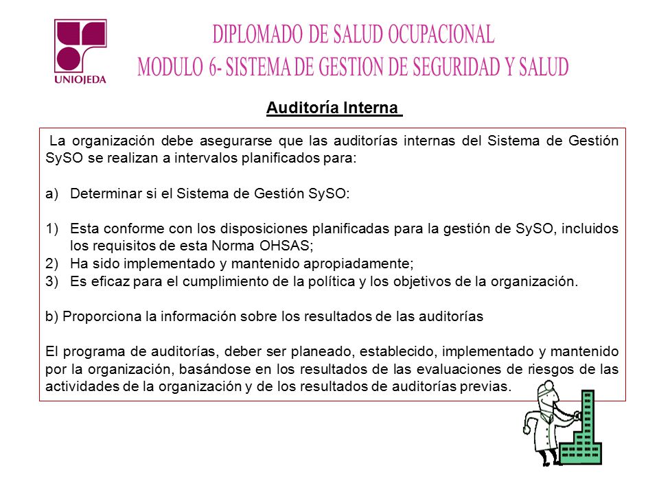 Auditoría Interna La organización debe asegurarse que las auditorías internas del Sistema de Gestión SySO se realizan a intervalos planificados para: