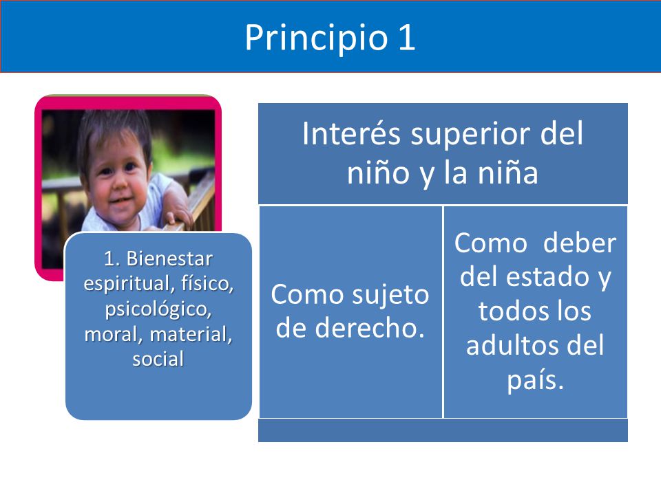 Principio 1 1. Bienestar espiritual, físico, psicológico, moral, material, social. Interés superior del niño y la niña.