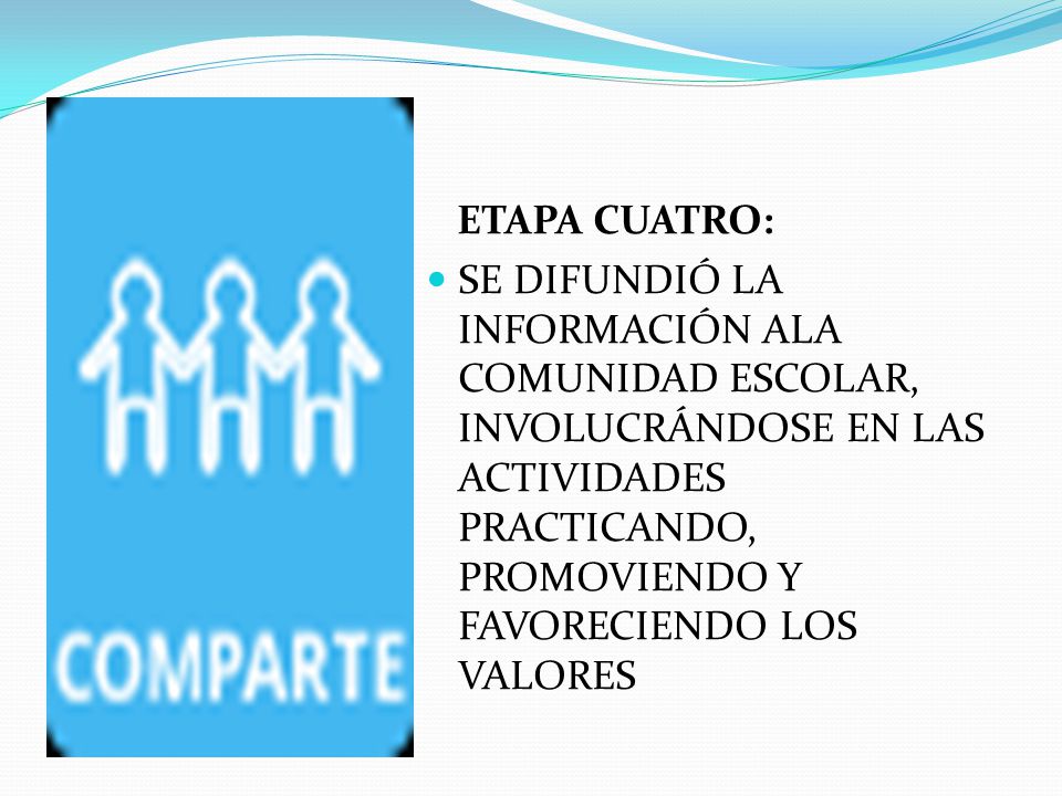ETAPA CUATRO: SE DIFUNDIÓ LA INFORMACIÓN ALA COMUNIDAD ESCOLAR, INVOLUCRÁNDOSE EN LAS ACTIVIDADES PRACTICANDO, PROMOVIENDO Y FAVORECIENDO LOS VALORES.