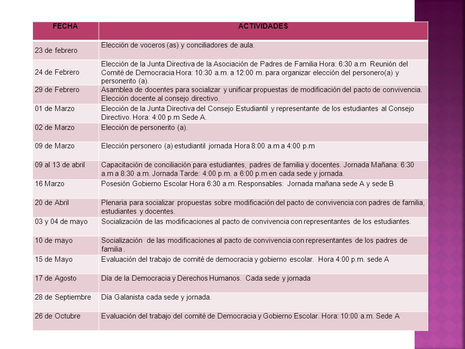 FECHA ACTIVIDADES. 23 de febrero. Elección de voceros (as) y conciliadores de aula. 24 de Febrero.