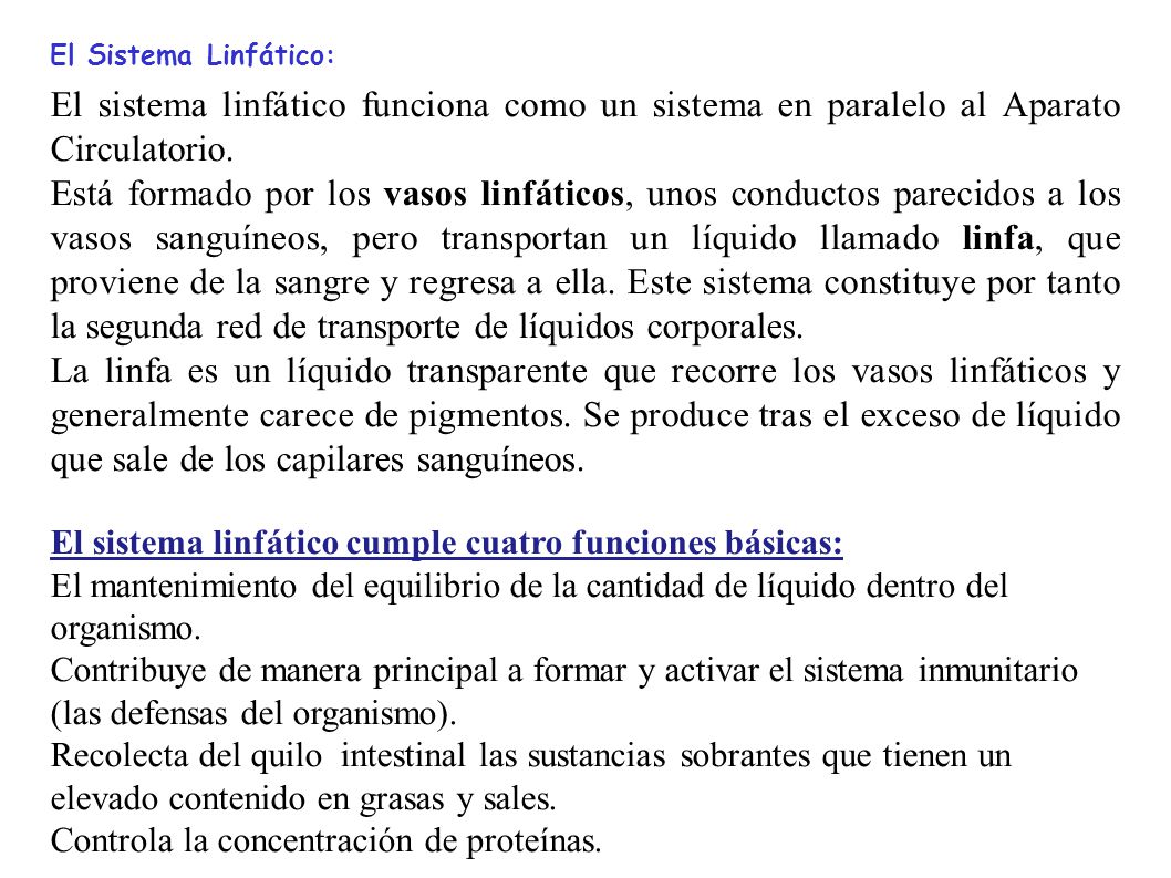 El Sistema Linfático: El sistema linfático funciona como un sistema en paralelo al Aparato Circulatorio.