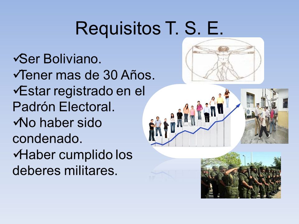 Requisitos T. S. E. Ser Boliviano. Tener mas de 30 Años.
