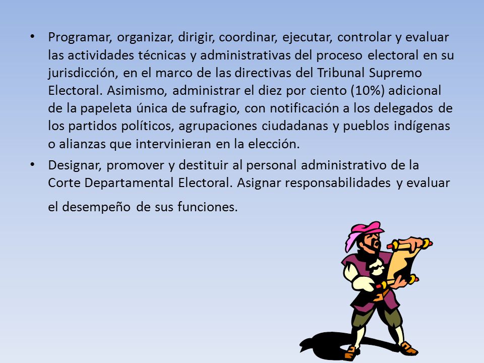 Programar, organizar, dirigir, coordinar, ejecutar, controlar y evaluar las actividades técnicas y administrativas del proceso electoral en su jurisdicción, en el marco de las directivas del Tribunal Supremo Electoral. Asimismo, administrar el diez por ciento (10%) adicional de la papeleta única de sufragio, con notificación a los delegados de los partidos políticos, agrupaciones ciudadanas y pueblos indígenas o alianzas que intervinieran en la elección.