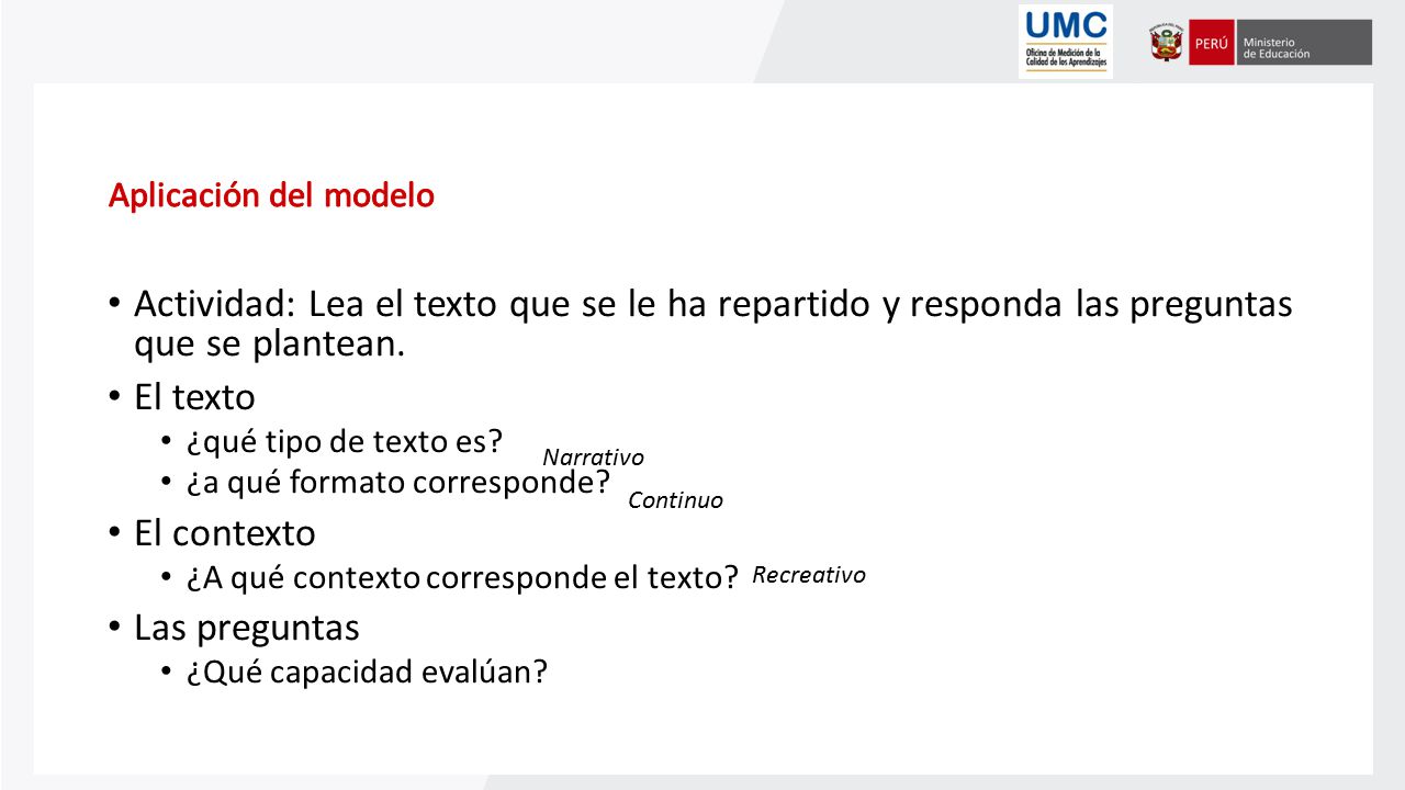Aplicación del modelo Actividad: Lea el texto que se le ha repartido y responda las preguntas que se plantean.