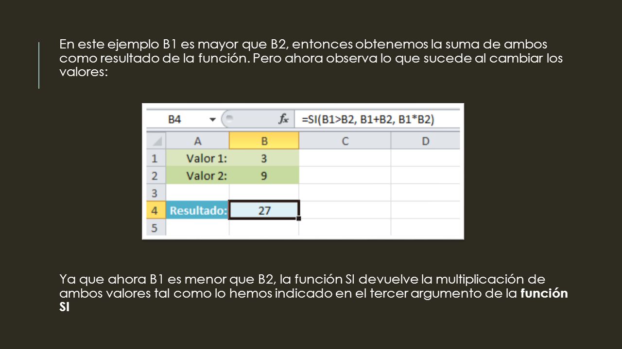 En este ejemplo B1 es mayor que B2, entonces obtenemos la suma de ambos como resultado de la función. Pero ahora observa lo que sucede al cambiar los valores: