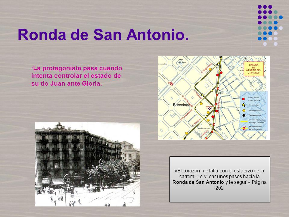 Ronda de San Antonio. ·La protagonista pasa cuando intenta controlar el estado de su tío Juan ante Gloria.
