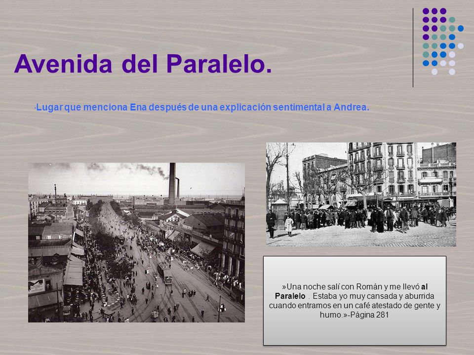 Avenida del Paralelo. ·Lugar que menciona Ena después de una explicación sentimental a Andrea.