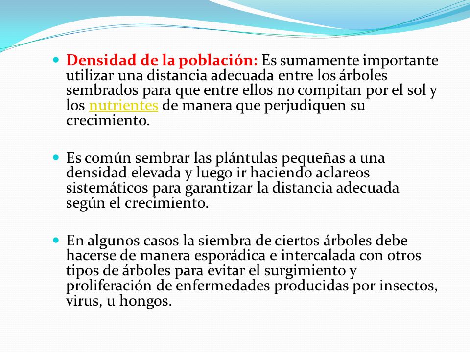Densidad de la población: Es sumamente importante utilizar una distancia adecuada entre los árboles sembrados para que entre ellos no compitan por el sol y los nutrientes de manera que perjudiquen su crecimiento.