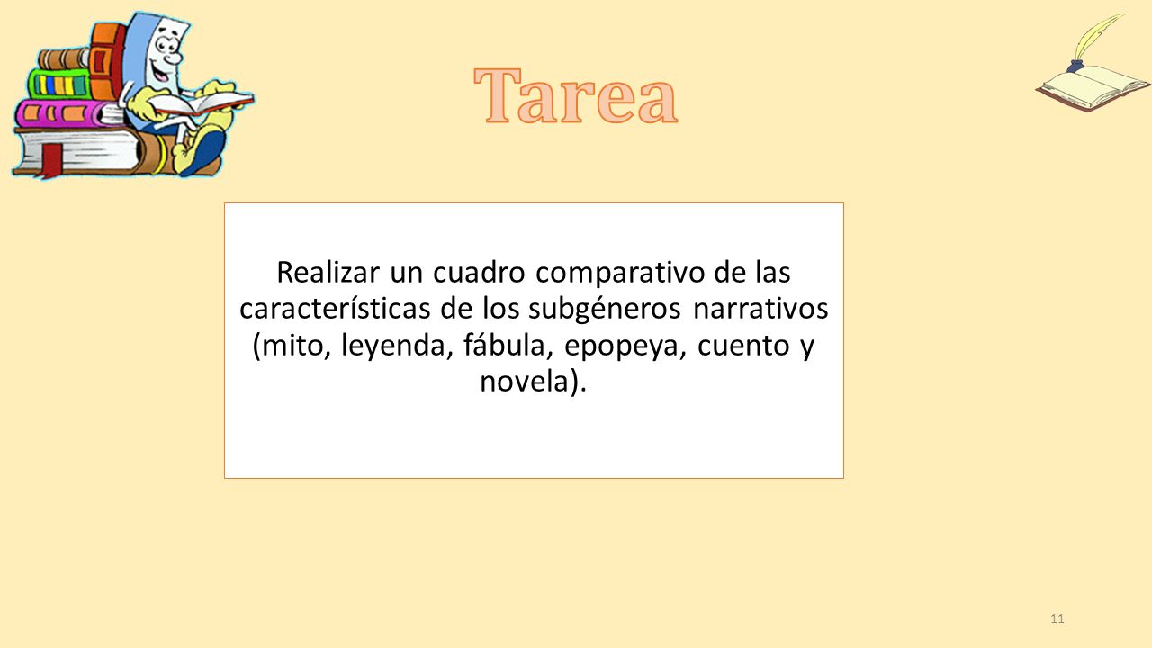 Tarea Realizar un cuadro comparativo de las características de los subgéneros narrativos (mito, leyenda, fábula, epopeya, cuento y novela).