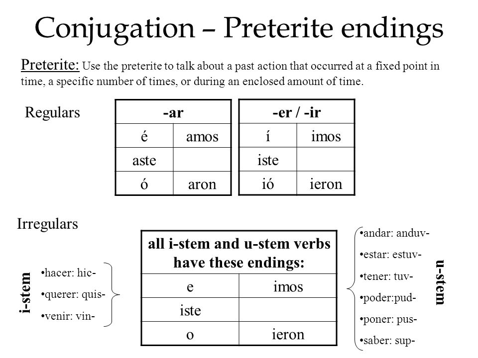 Conjugation - Preterite endings.