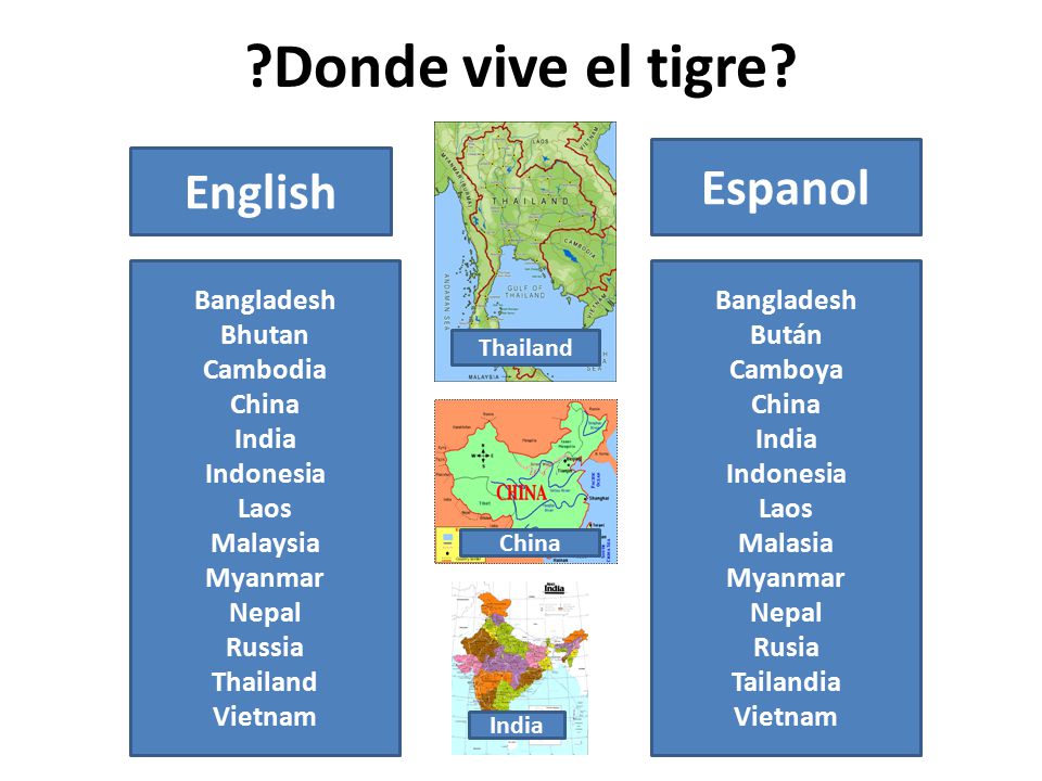 Donde vive el tigre Espanol English Bangladesh Bhutan Cambodia China