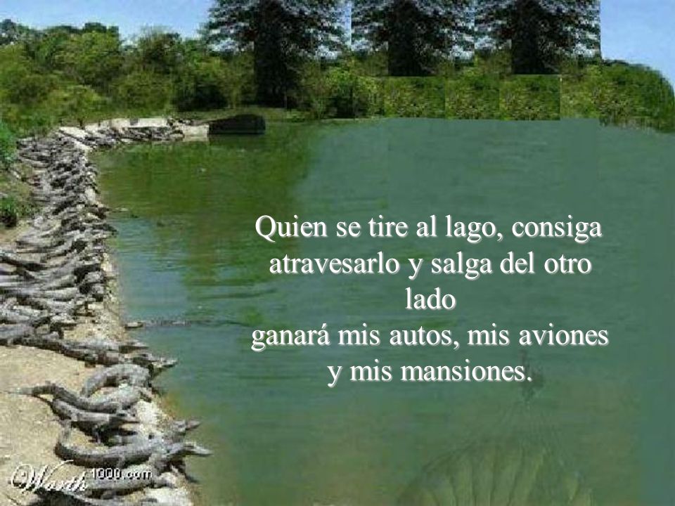 Quien se tire al lago, consiga atravesarlo y salga del otro lado ganará mis autos, mis aviones y mis mansiones.